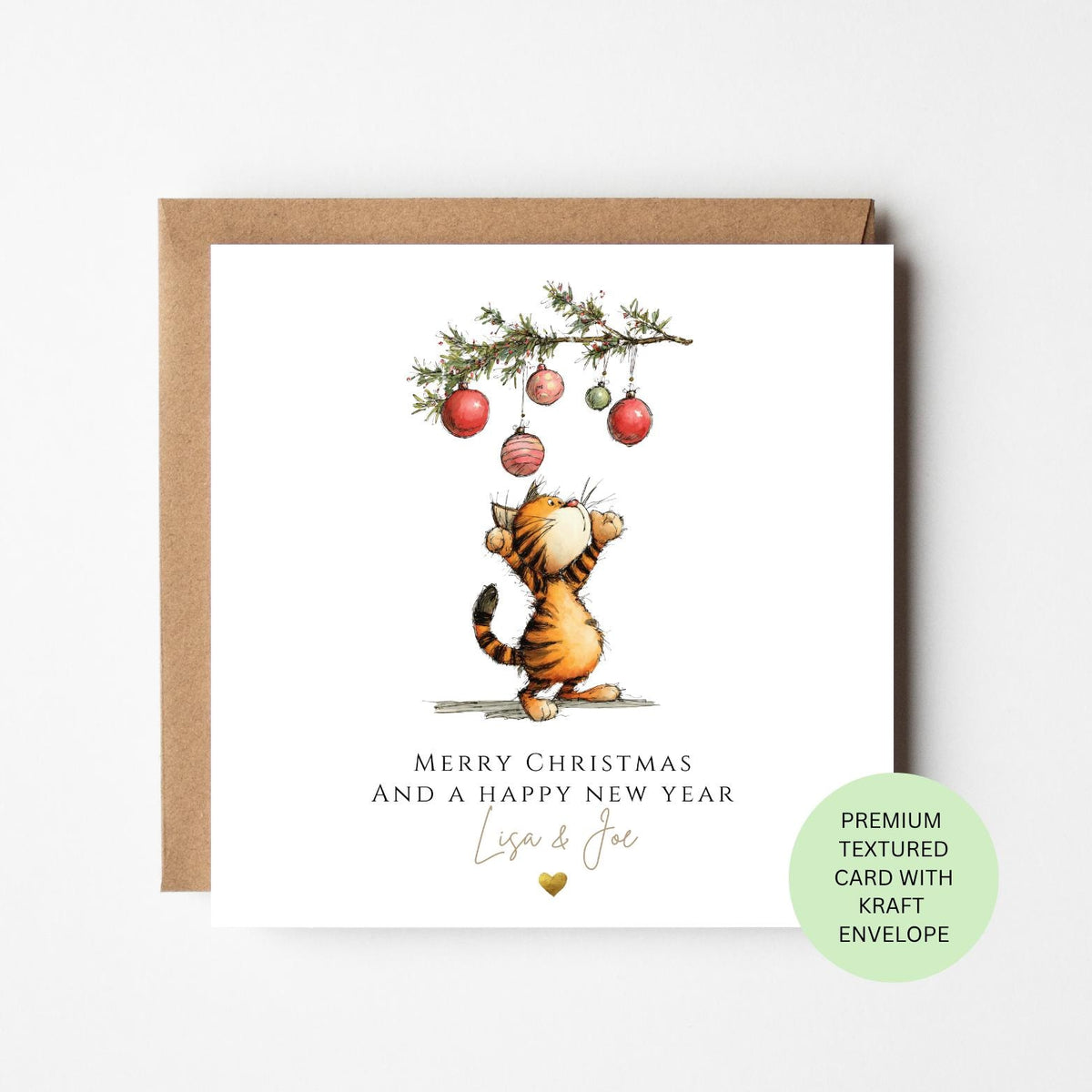 Personalised Ginger Cat Playing with Christmas Baubles Card