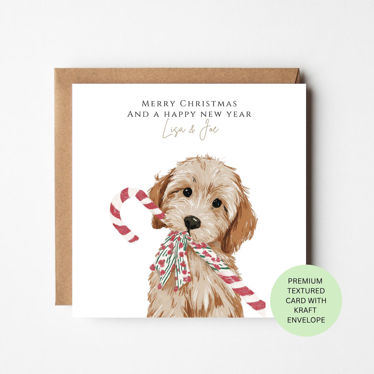 Personalised Cockapoo Holding a Candy Cane Christmas Card