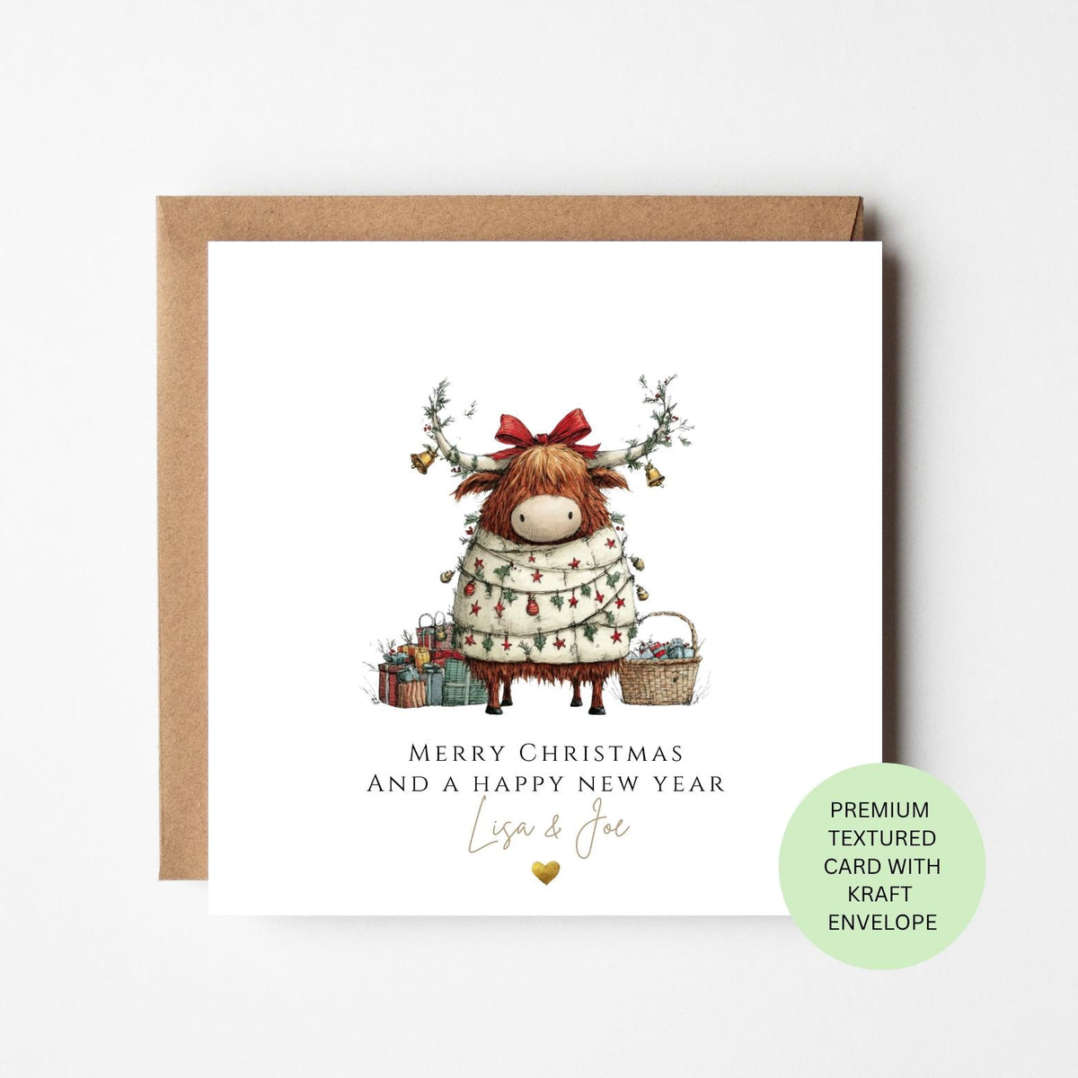 Personalised Highland Cow with a Red Christmas Bow Card