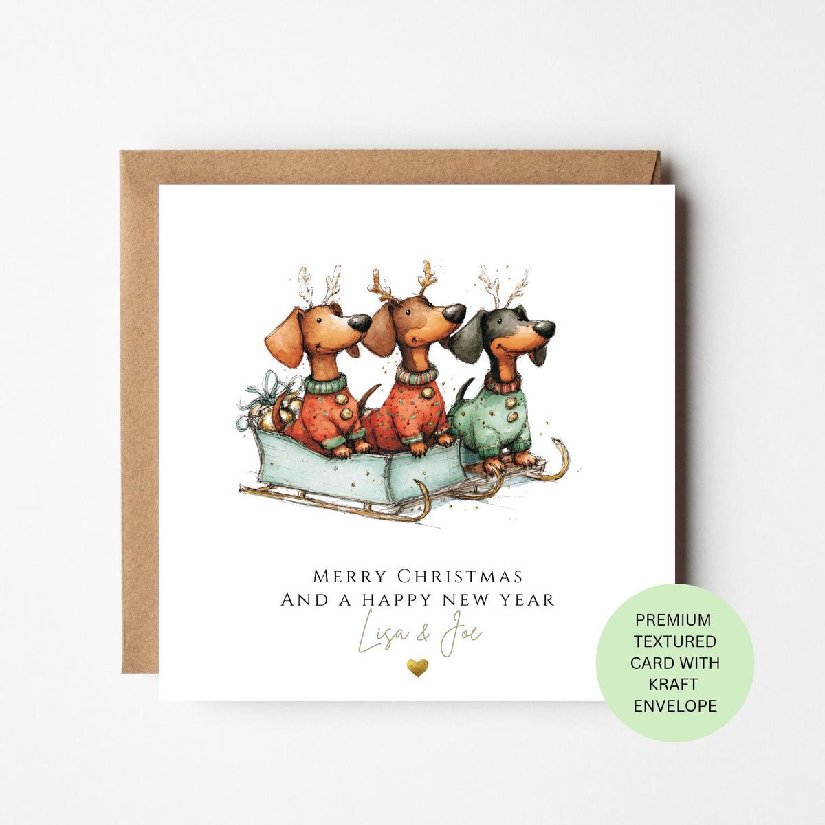 Personalised Three Dachshunds Riding a Christmas Sledge Card