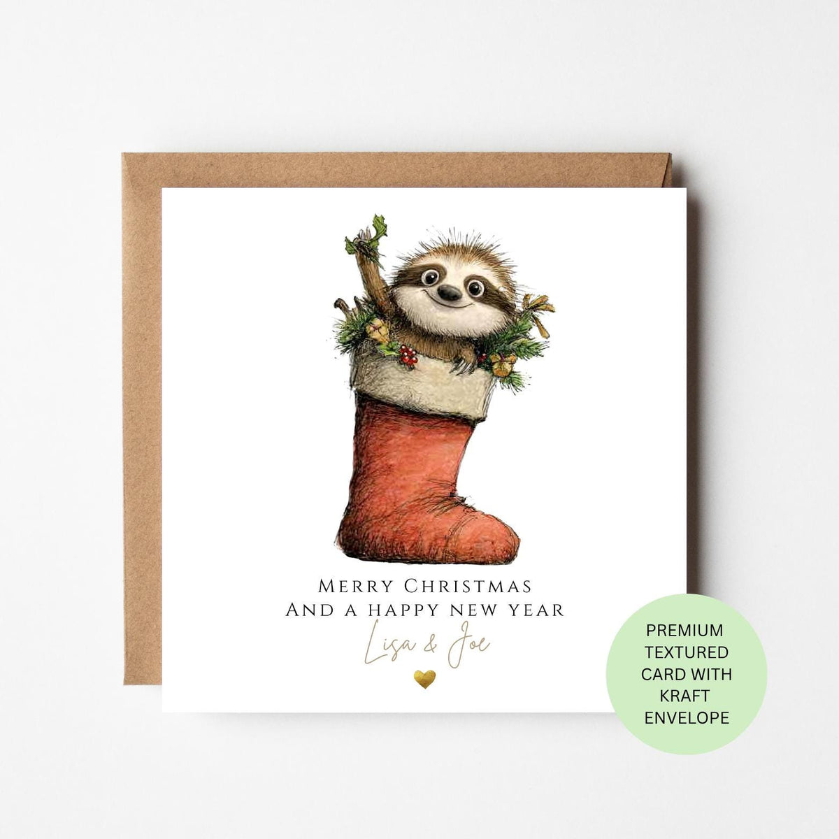 Personalised Sloth Peeking from a Christmas Stocking Card