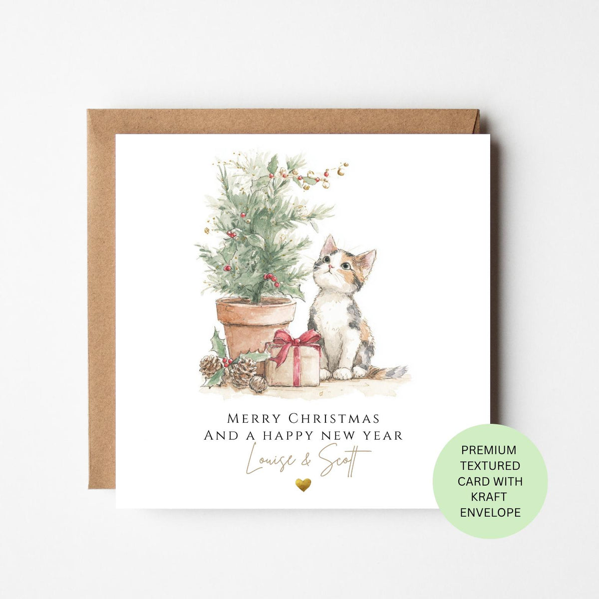 Personalised Calico Cat Beside a Christmas Tree Card