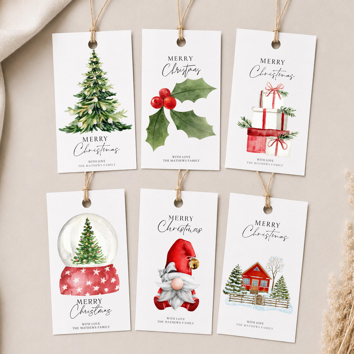 Personalised Christmas Gift Tags Pack of 6, Festive Winter Labels with Jute Tassels
