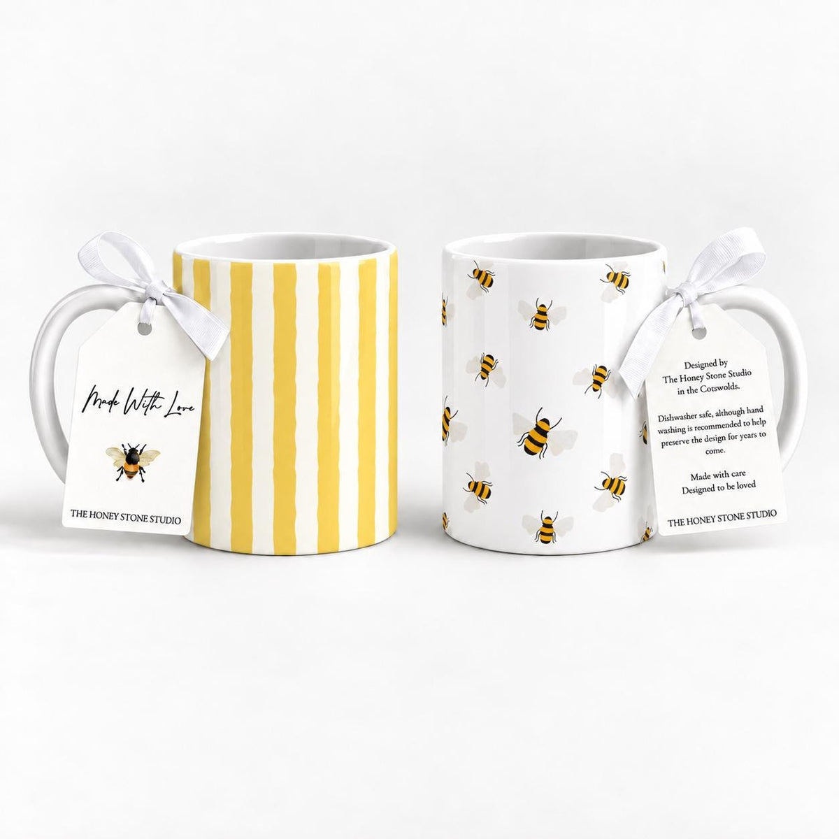 Bumble Bee & Mustard Stripe Ceramic Mug Set (11oz)