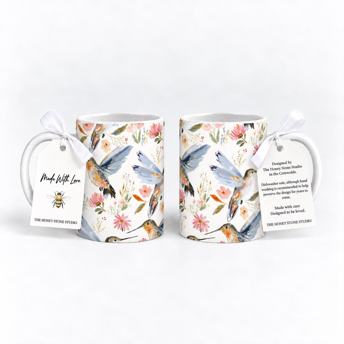 Hummingbird Mug Set of 2, 11oz Ceramic Floral Bird Mugs, Nature Lover Gift