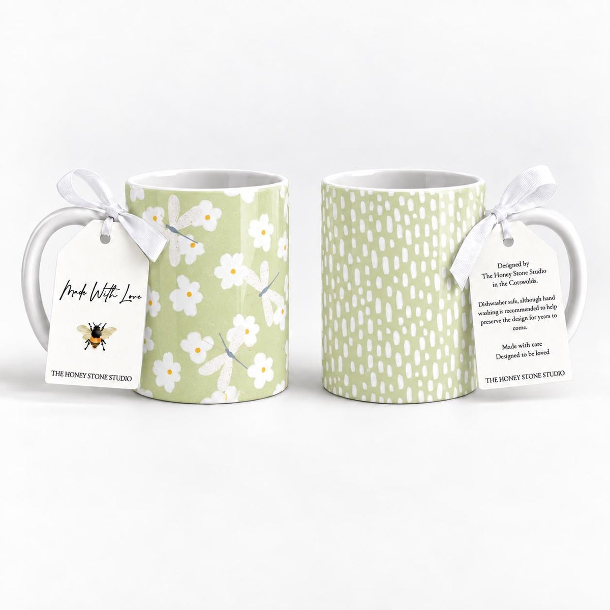Sage Green Daisy Mug Set of 2, 11oz Ceramic Dragonfly Mugs, Scandi Kitchen Gift