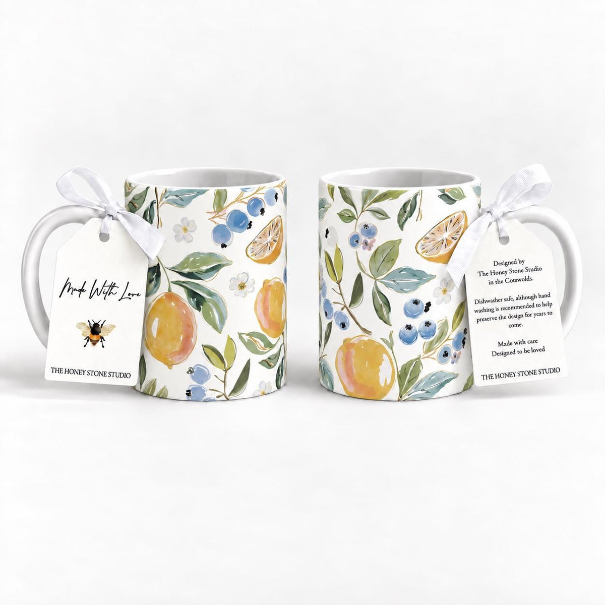 Lemon Blueberry Ceramic Mug Set, 11oz Country Kitchen Gift (Set of 2)