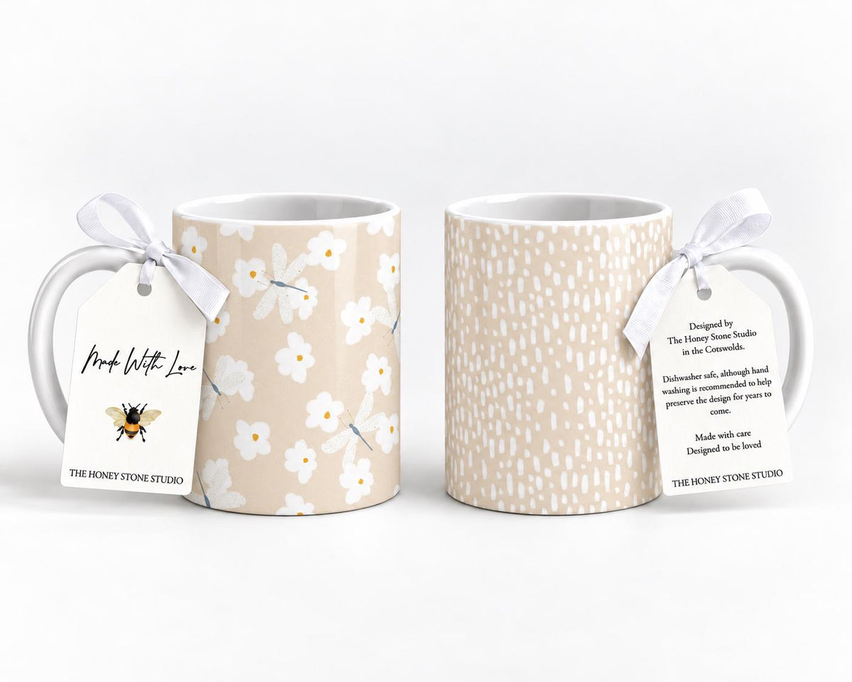 Neutral Daisy Mug Set of 2, 11oz Beige Ceramic Dragonfly Mugs, Scandi Kitchen Gift