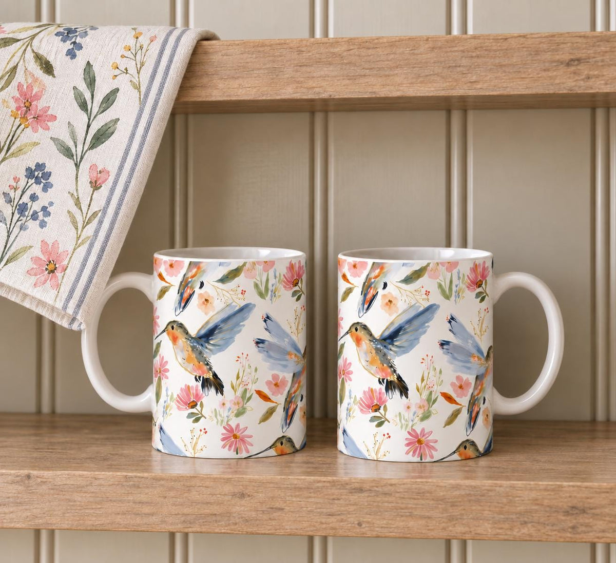 Hummingbird Mug Set of 2, 11oz Ceramic Floral Bird Mugs, Nature Lover Gift