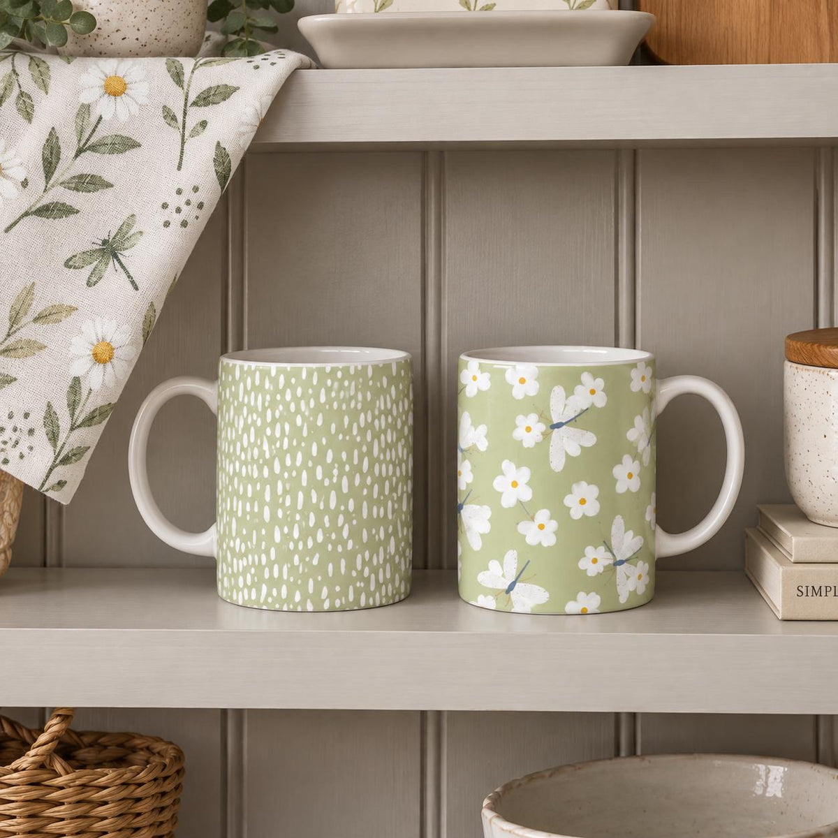 Sage Green Daisy Mug Set of 2, 11oz Ceramic Dragonfly Mugs, Scandi Kitchen Gift
