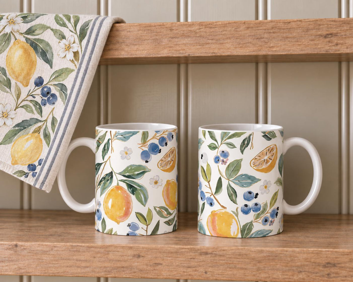 Lemon Blueberry Ceramic Mug Set, 11oz Country Kitchen Gift (Set of 2)