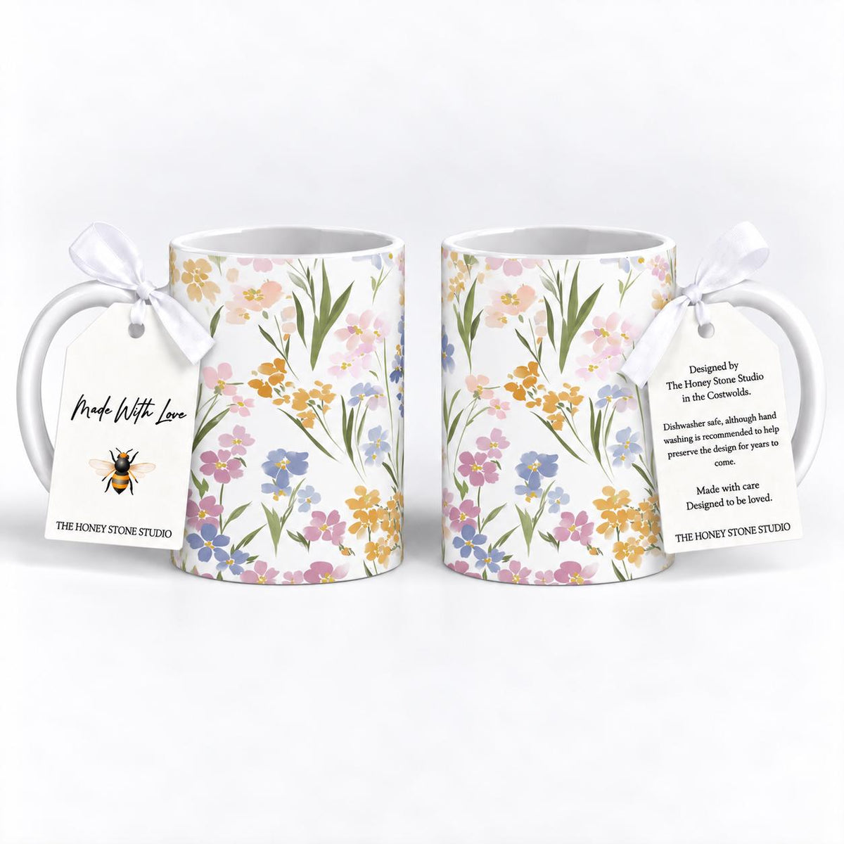 Wildflower Mug Set of 2, 11oz Ceramic Floral Mugs, Cottage Garden Kitchen Gift