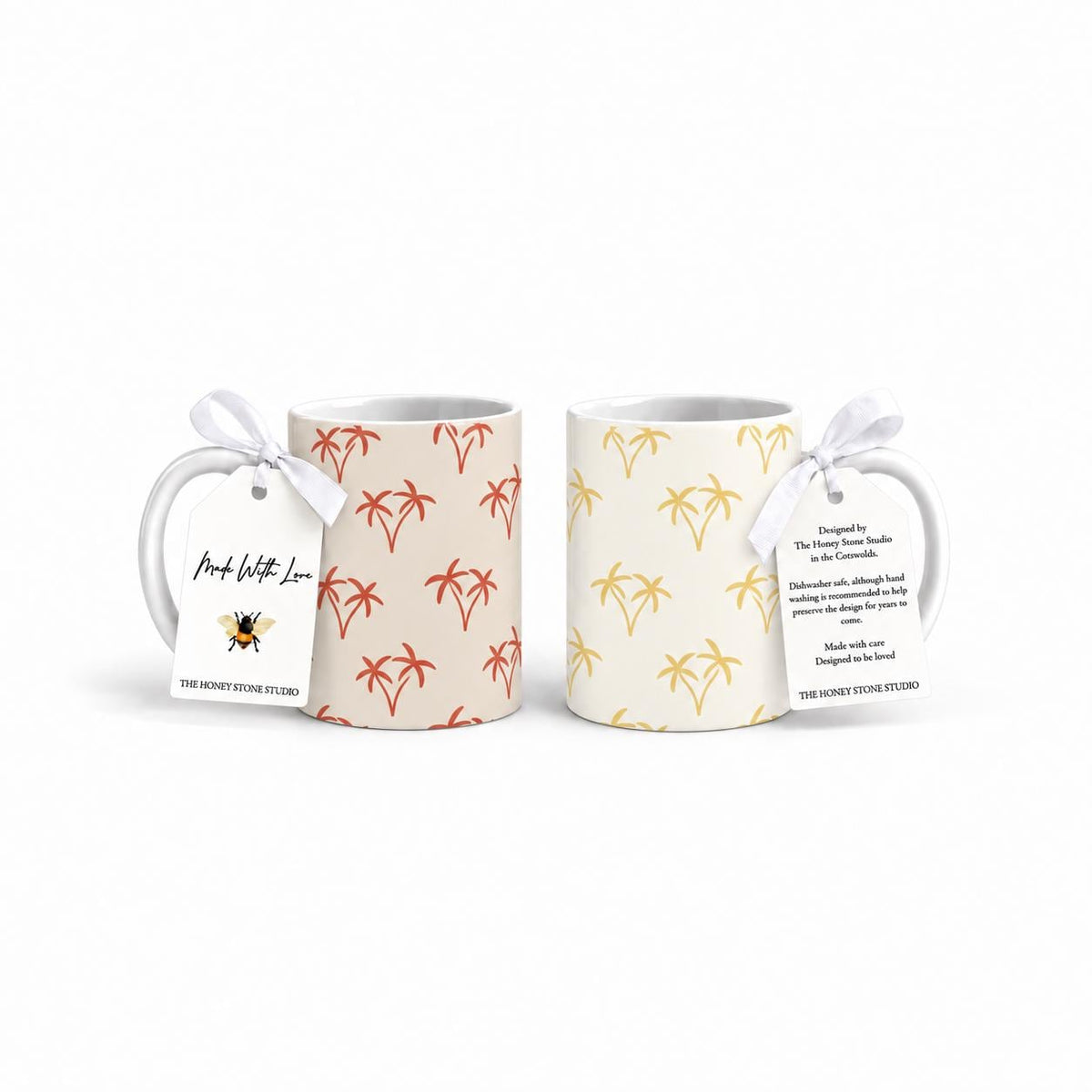 Palm Tree Ceramic Mug Set, Coral-Orange and Mustard-Yellow, 11oz Scandi Kitchen Gift