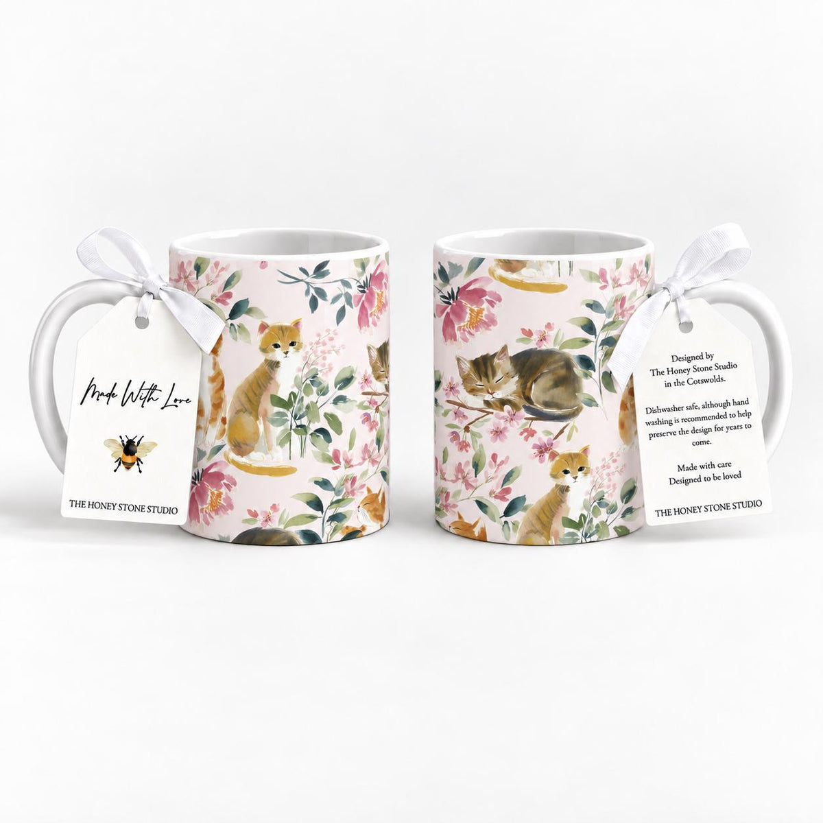 Floral Cat Mug Set of 2, 11oz Ceramic Pink Botanical Mugs, Cat Lover Gift