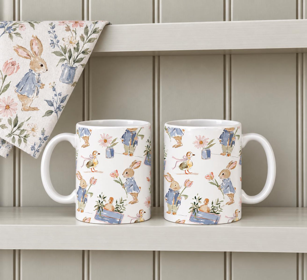 Rabbit and Duckling Mug Set of 2, 11oz Ceramic Country Garden Mugs, Cottagecore Gift