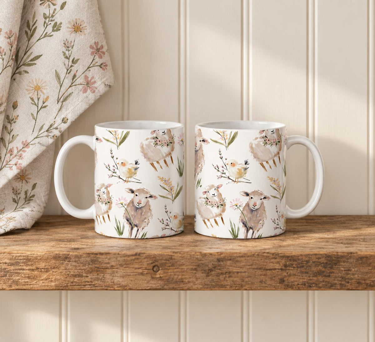 Sheep and Lamb Mug Set of 2, 11oz Ceramic Farm Animal Mugs, Countryside Gift