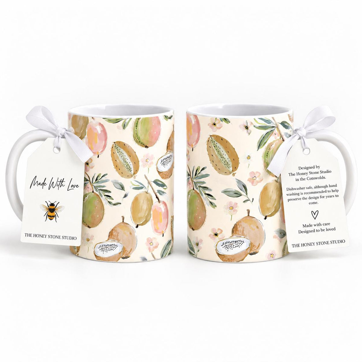 Tropical Fruit and Coconut Mug Set of 2, 11oz Ceramic Mugs, Colourful Kitchen Gift