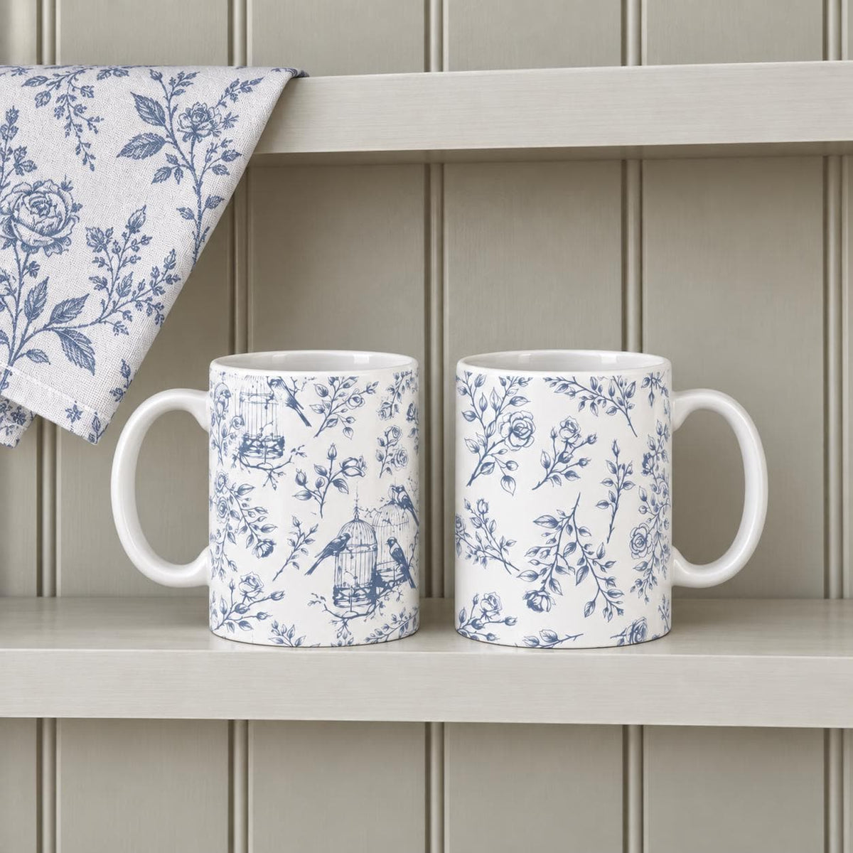Blue Toile Bird Mug Set, 11oz Ceramic Country Kitchen Gift (Set of 2)