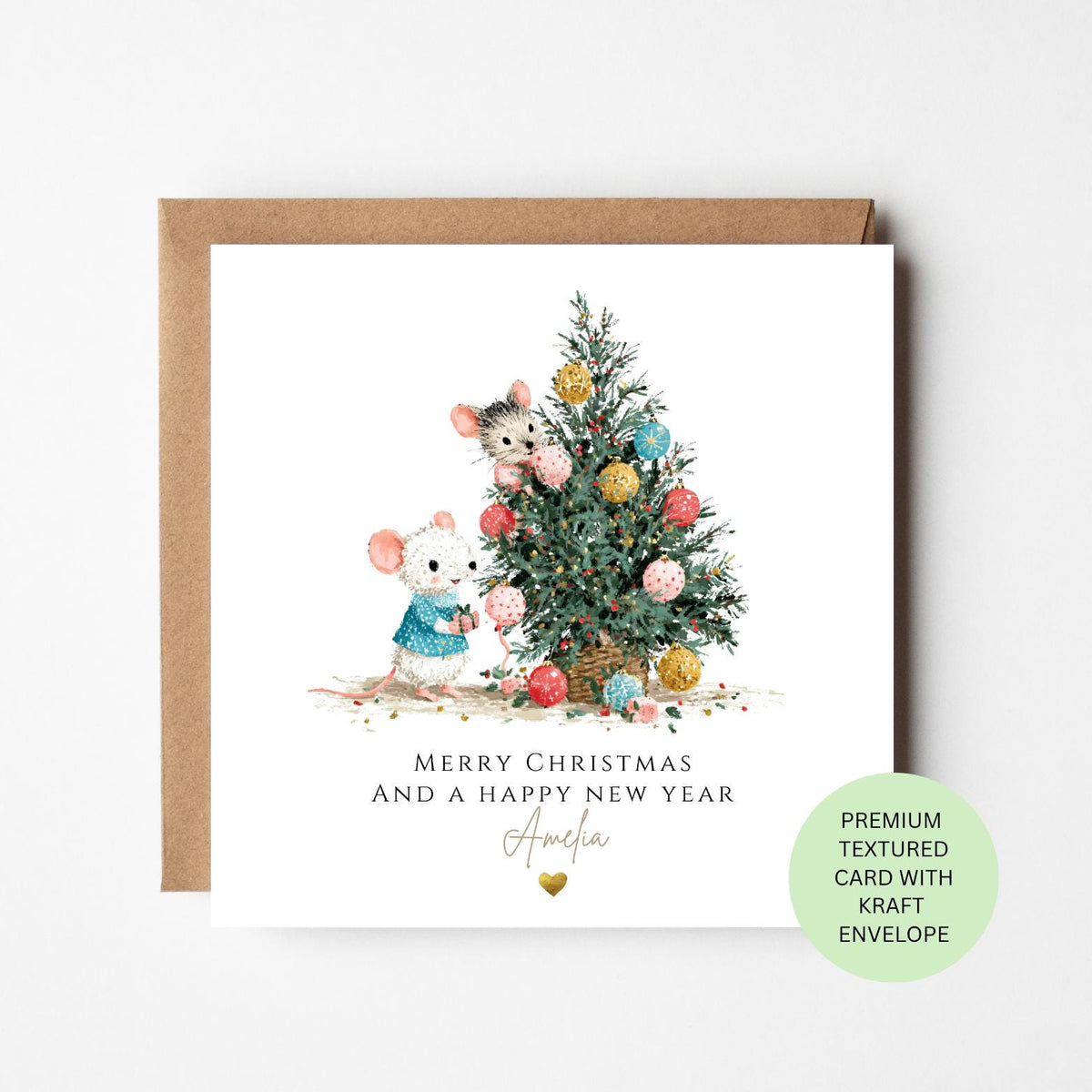Personalised Mice Decorating a Christmas Tree Card for Children