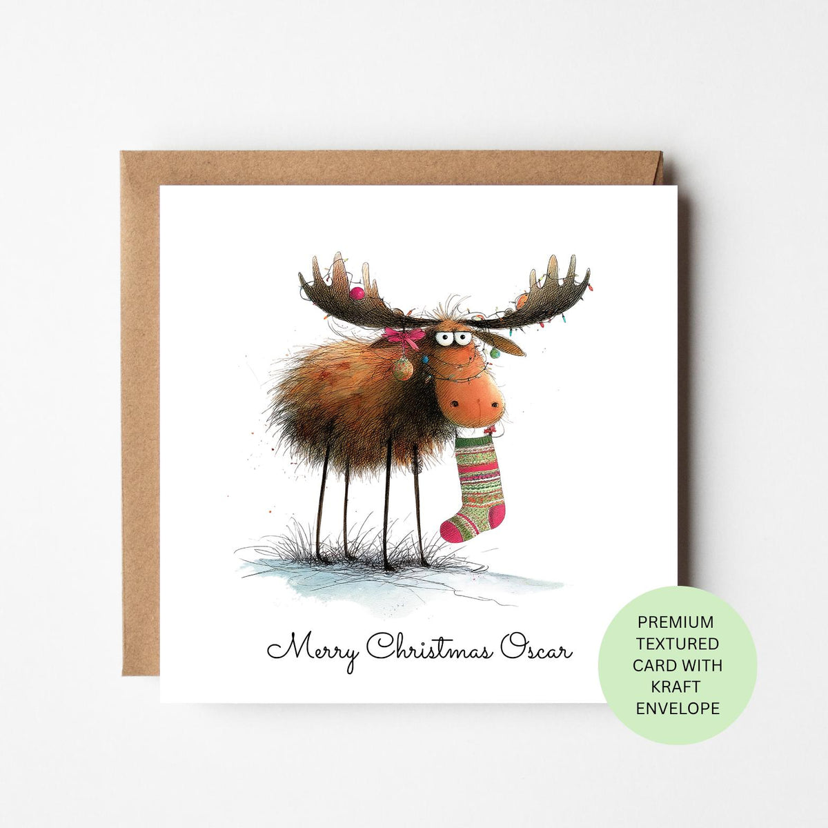 Personalised Funny Moose with a Christmas Stocking Card