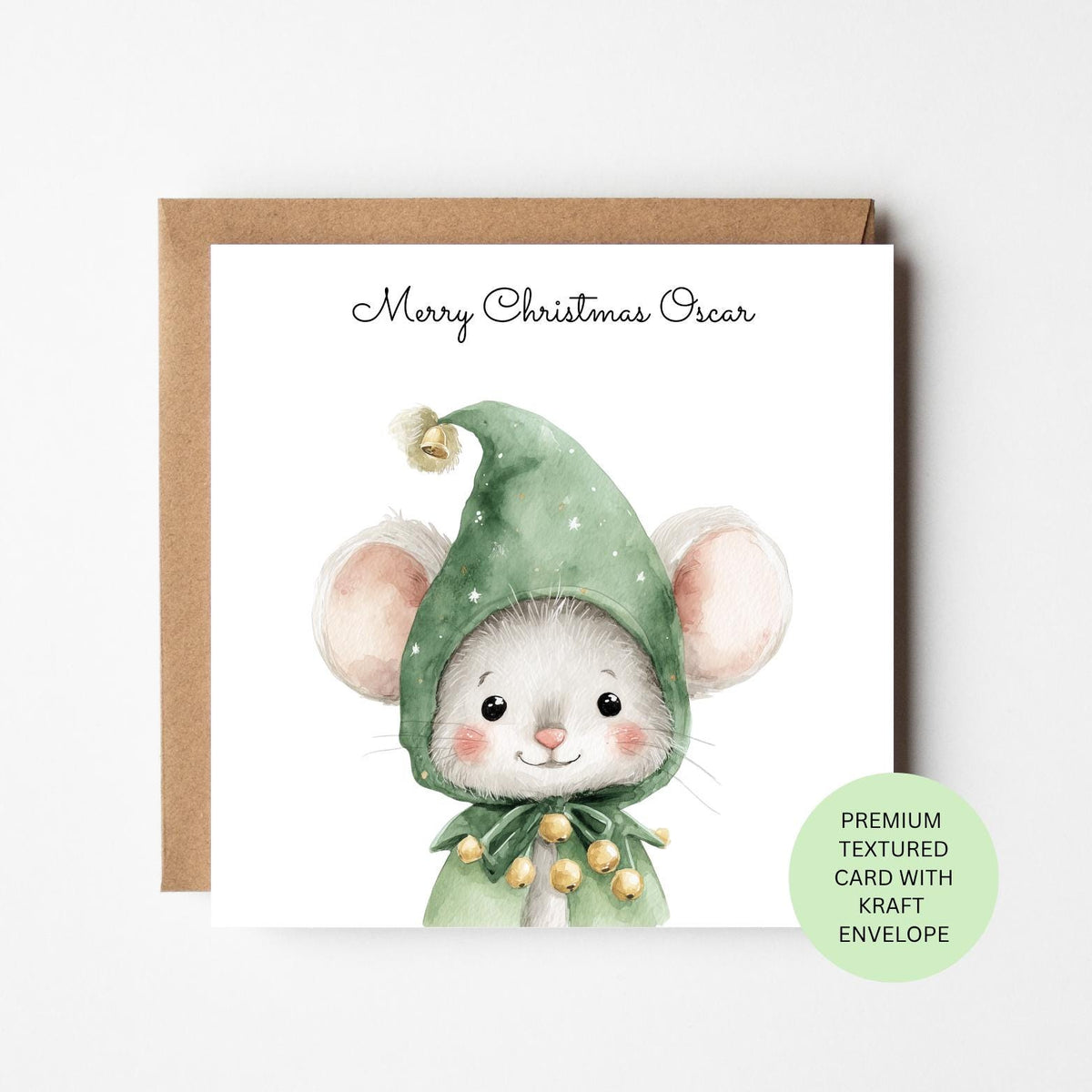 Personalised Christmas Mouse in an Elf Hood Card for Children