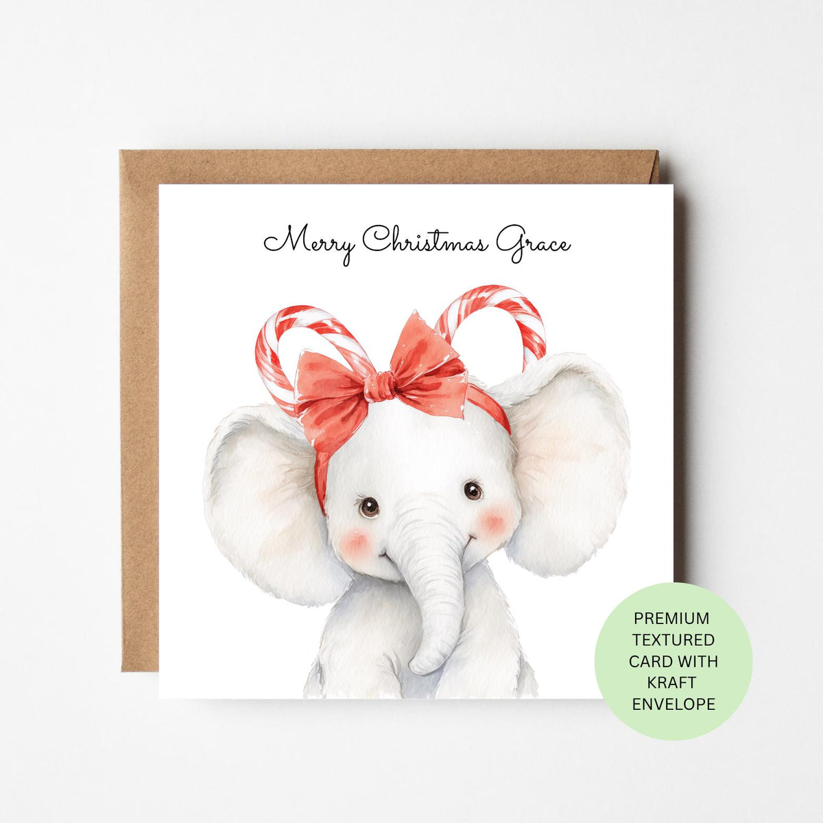 Personalised Elephant with Candy Cane Ears Christmas Card for Children