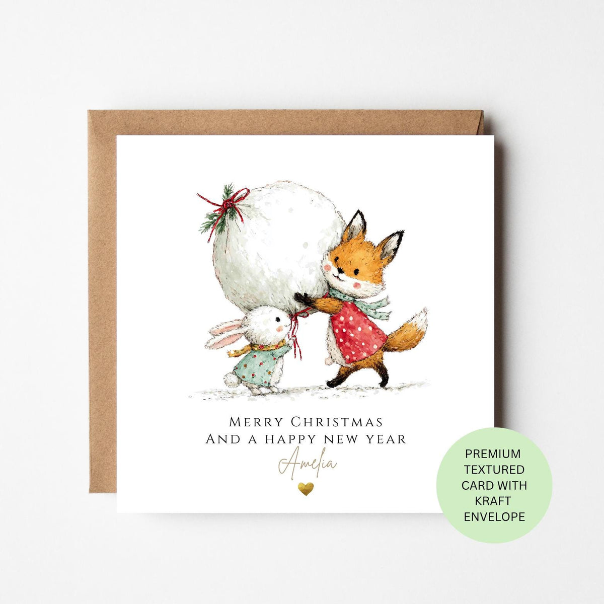 Personalised Fox and Rabbits Carrying a Snowball Christmas Card for Children