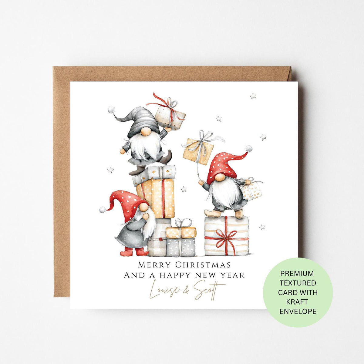 Personalised Christmas Gnomes Stacked on Presents Card