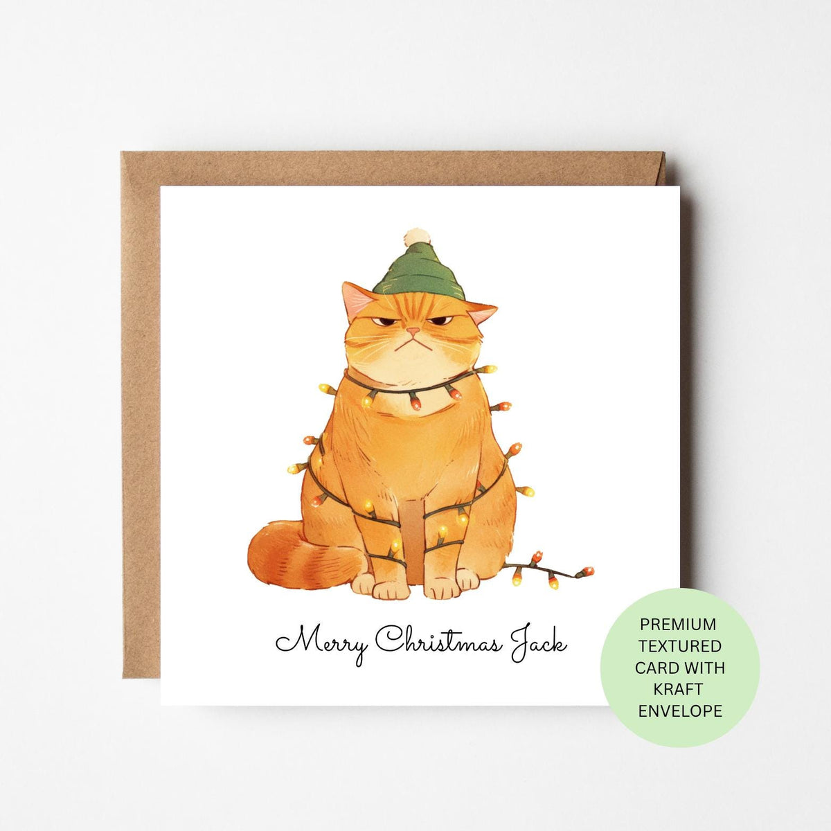 Personalised Grumpy Cat Tangled in Christmas Lights Card