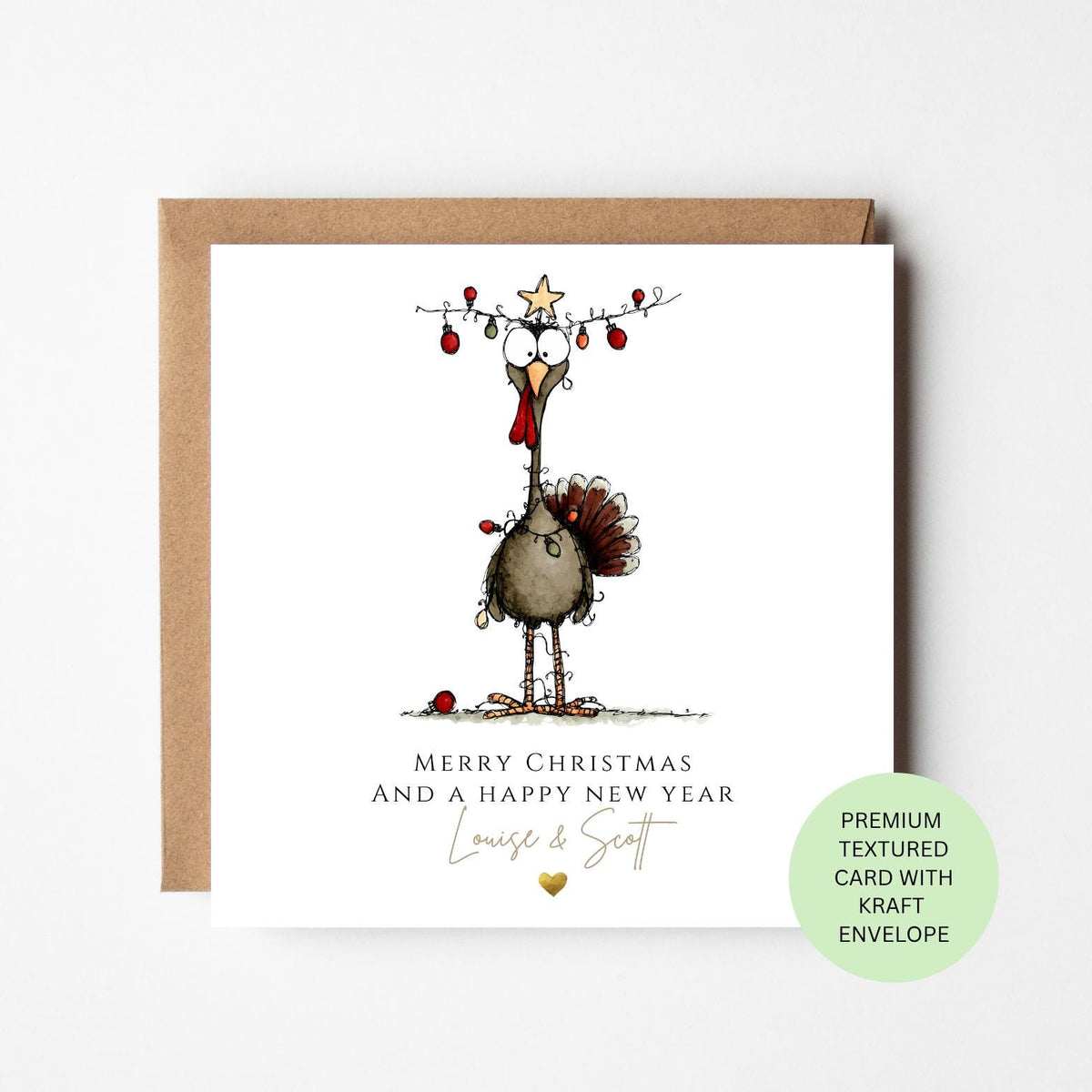 Personalised Turkey Wrapped in Christmas Lights Card