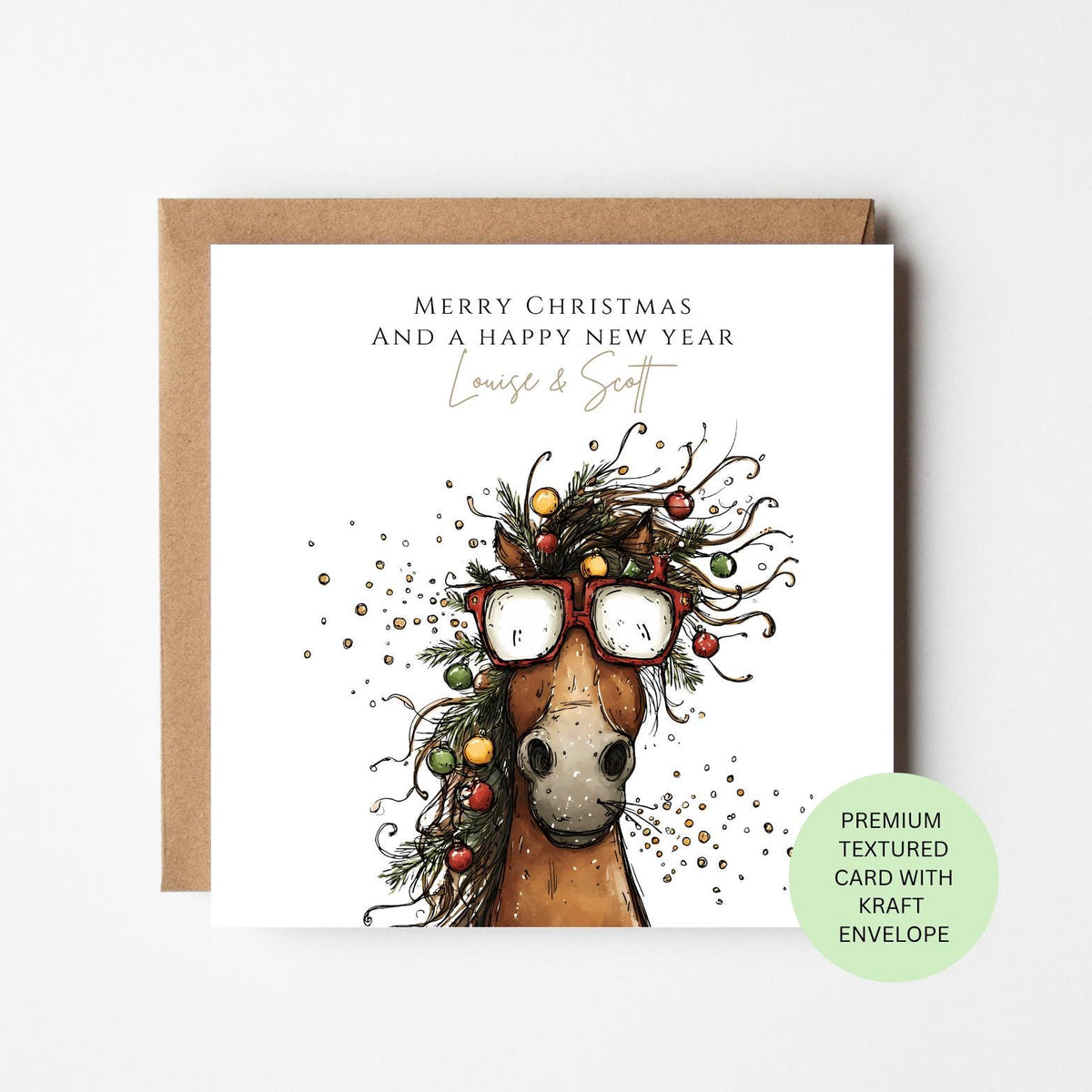 Personalised Horse in Glasses with Christmas Baubles Card