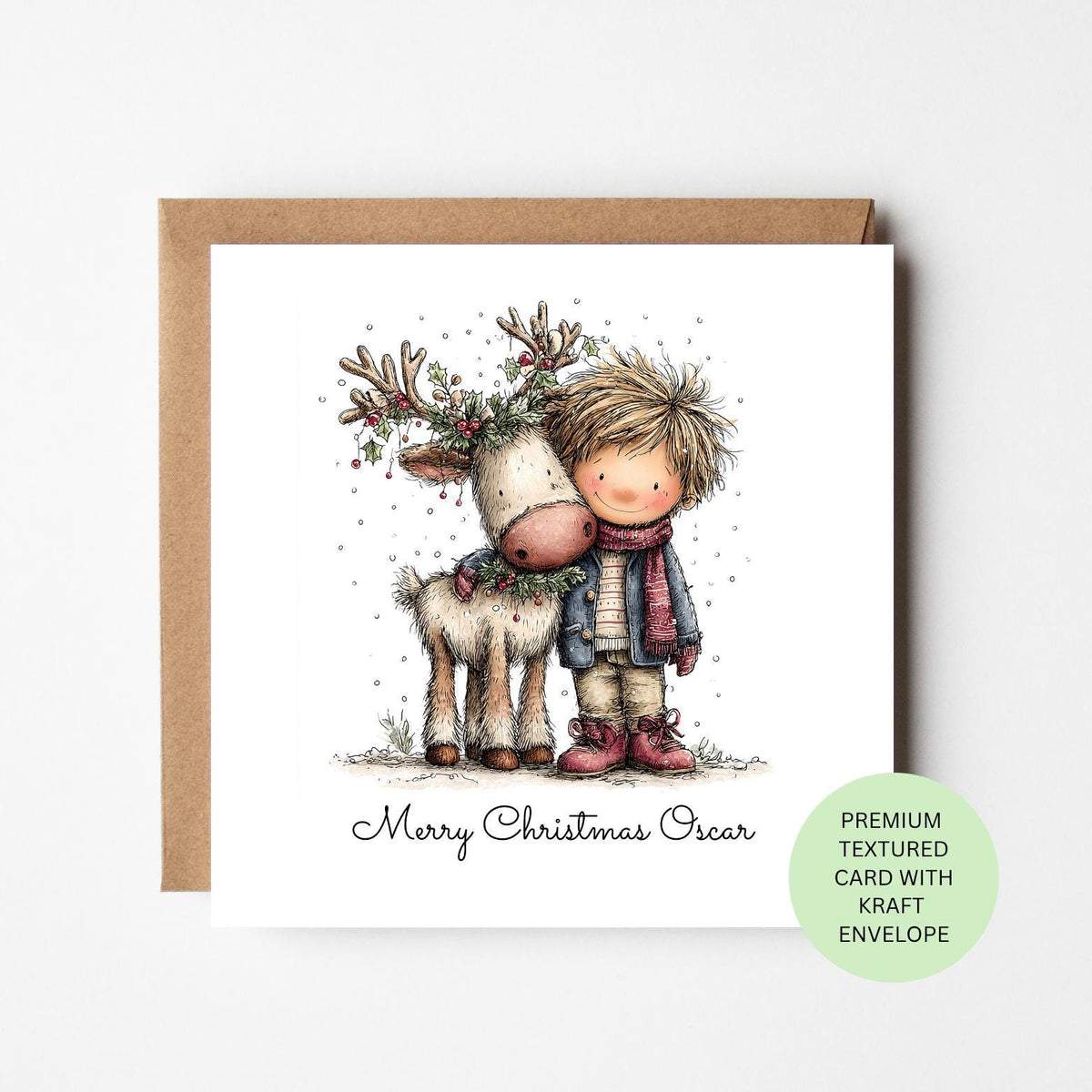 Personalised Boy Hugging a Reindeer Christmas Card