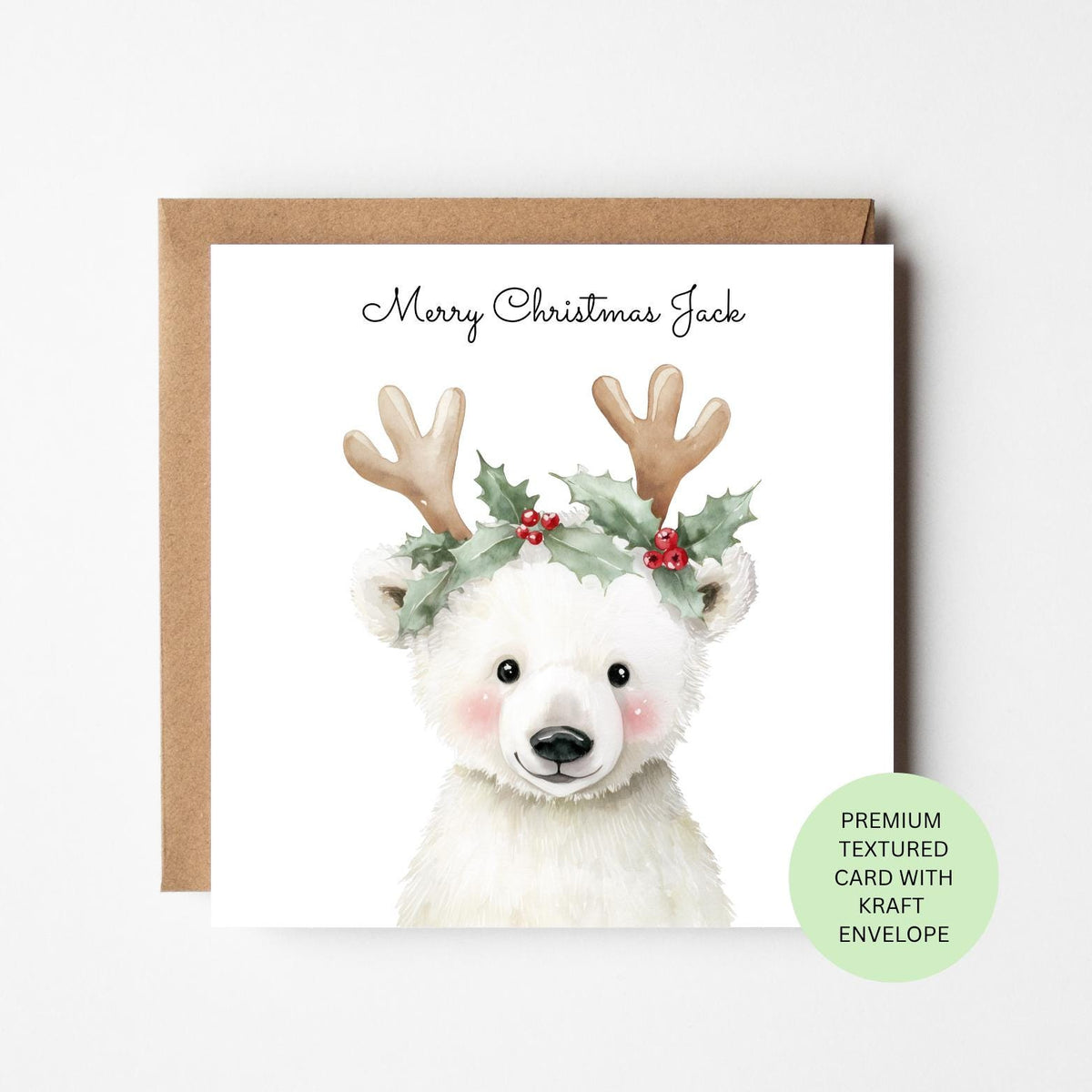 Personalised Polar Bear with Reindeer Antlers Christmas Card for Children
