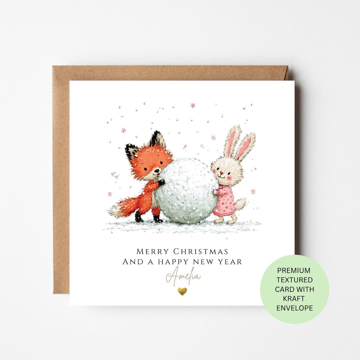 Personalised Fox and Rabbit Building a Snowball Christmas Card for Children