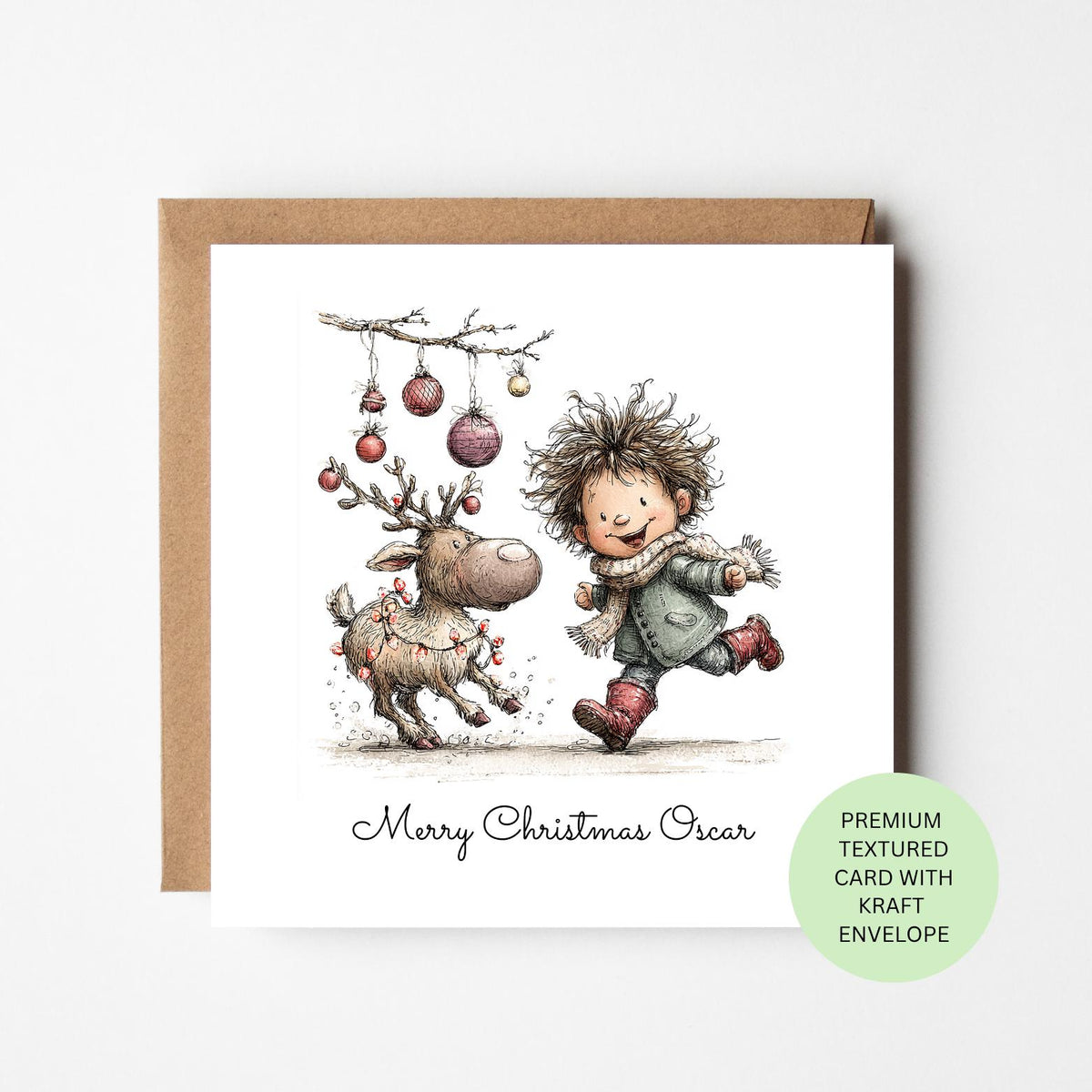 Personalised Boy Running with a Reindeer Christmas Card