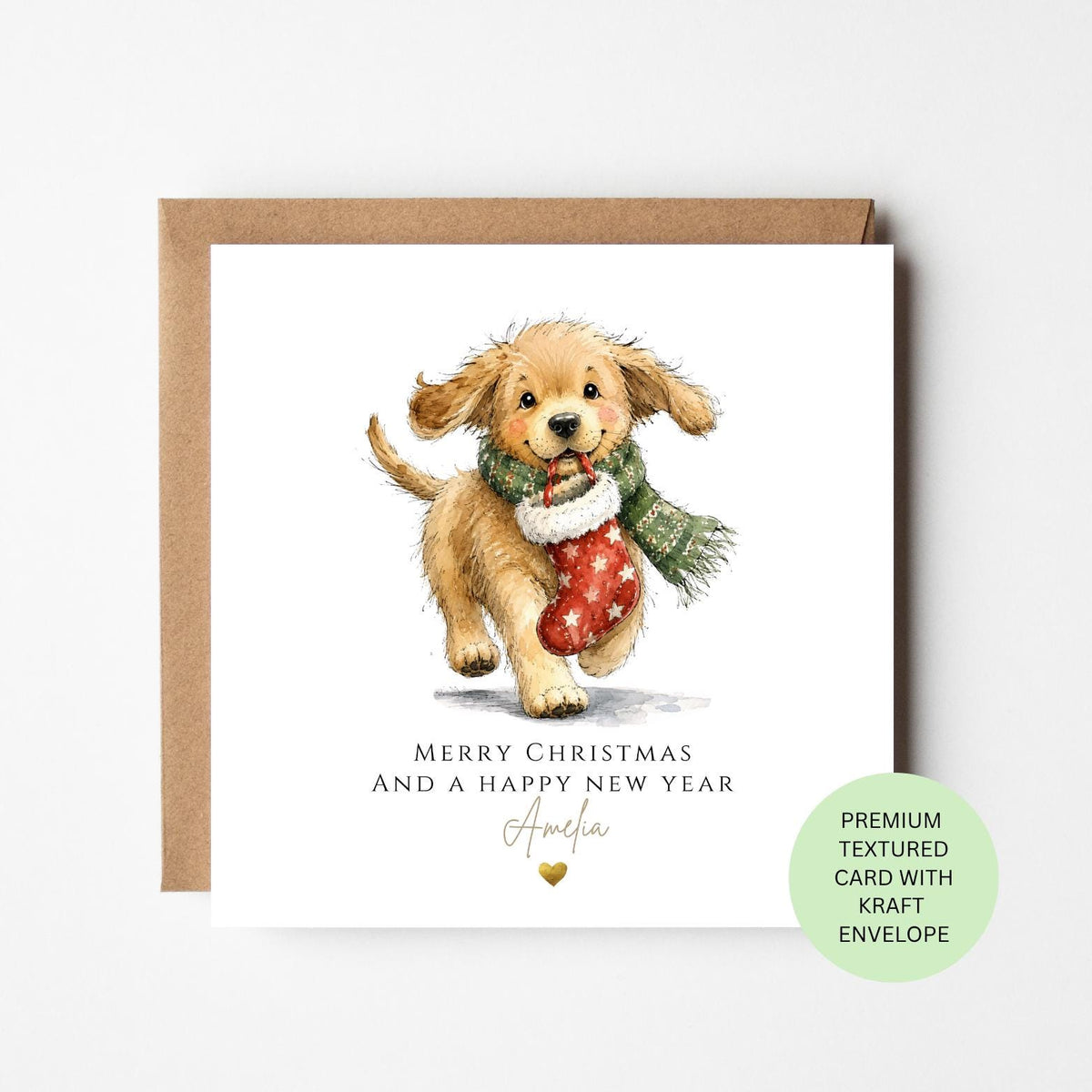 Personalised Puppy Carrying a Christmas Stocking Card for Children