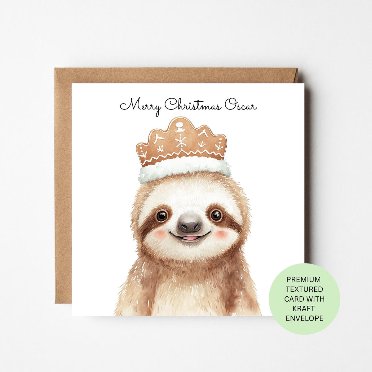 Personalised Sloth with a Gingerbread Crown Christmas Card for Children