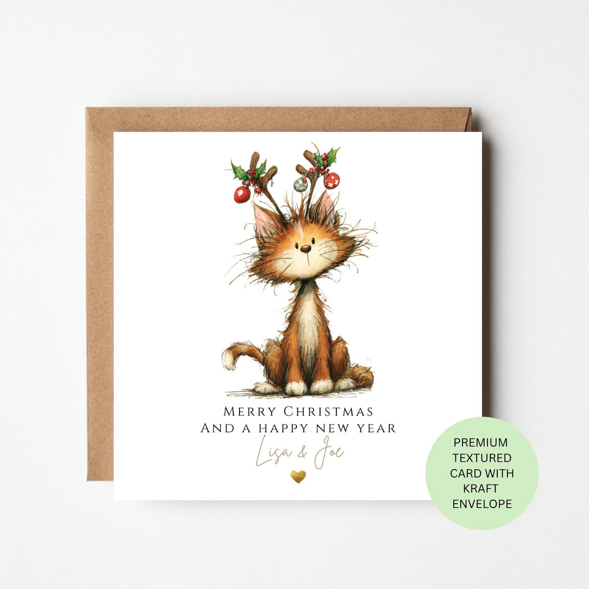 Personalised Ginger Cat with Christmas Antlers Card