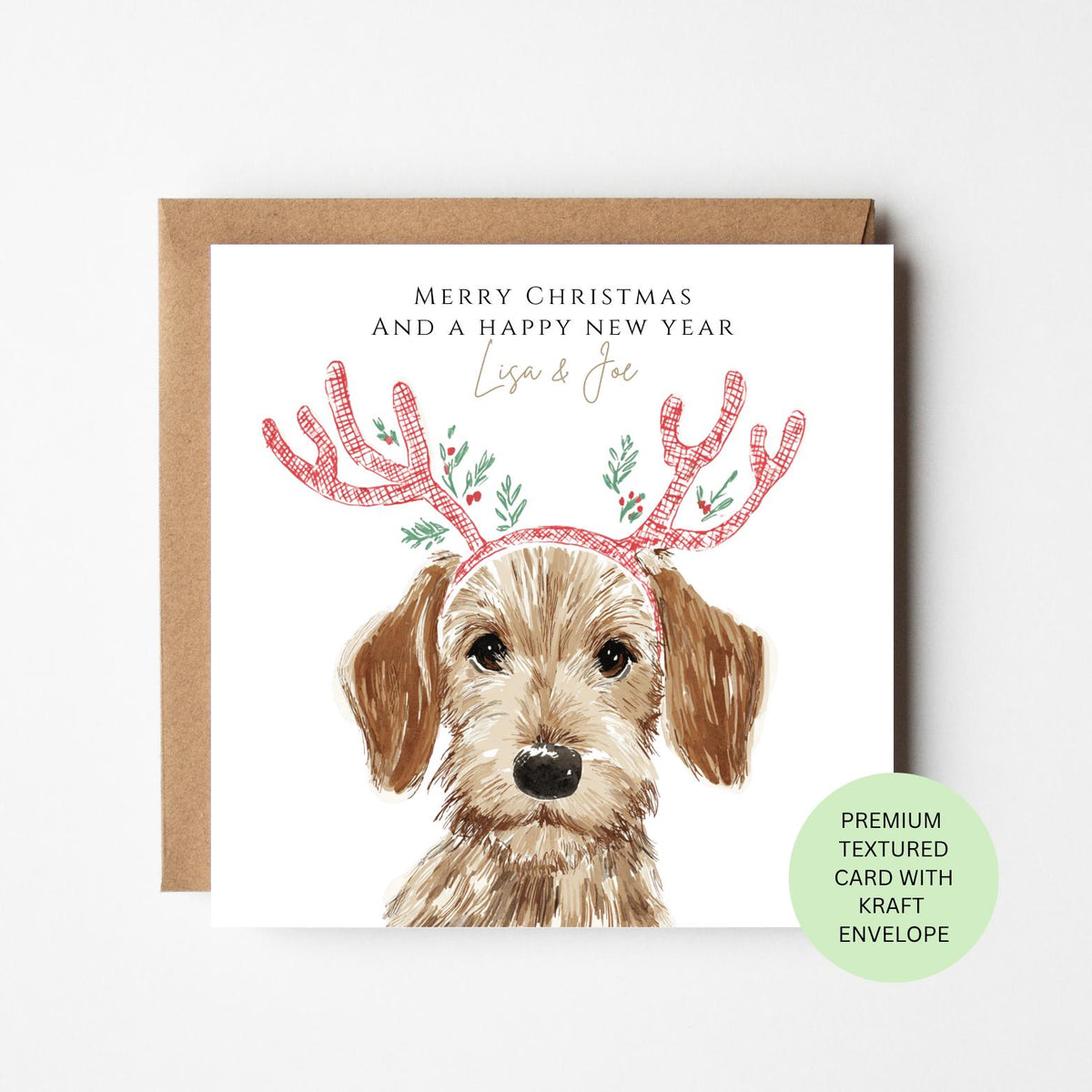 Personalised Cockapoo with Tartan Reindeer Antlers Christmas Card