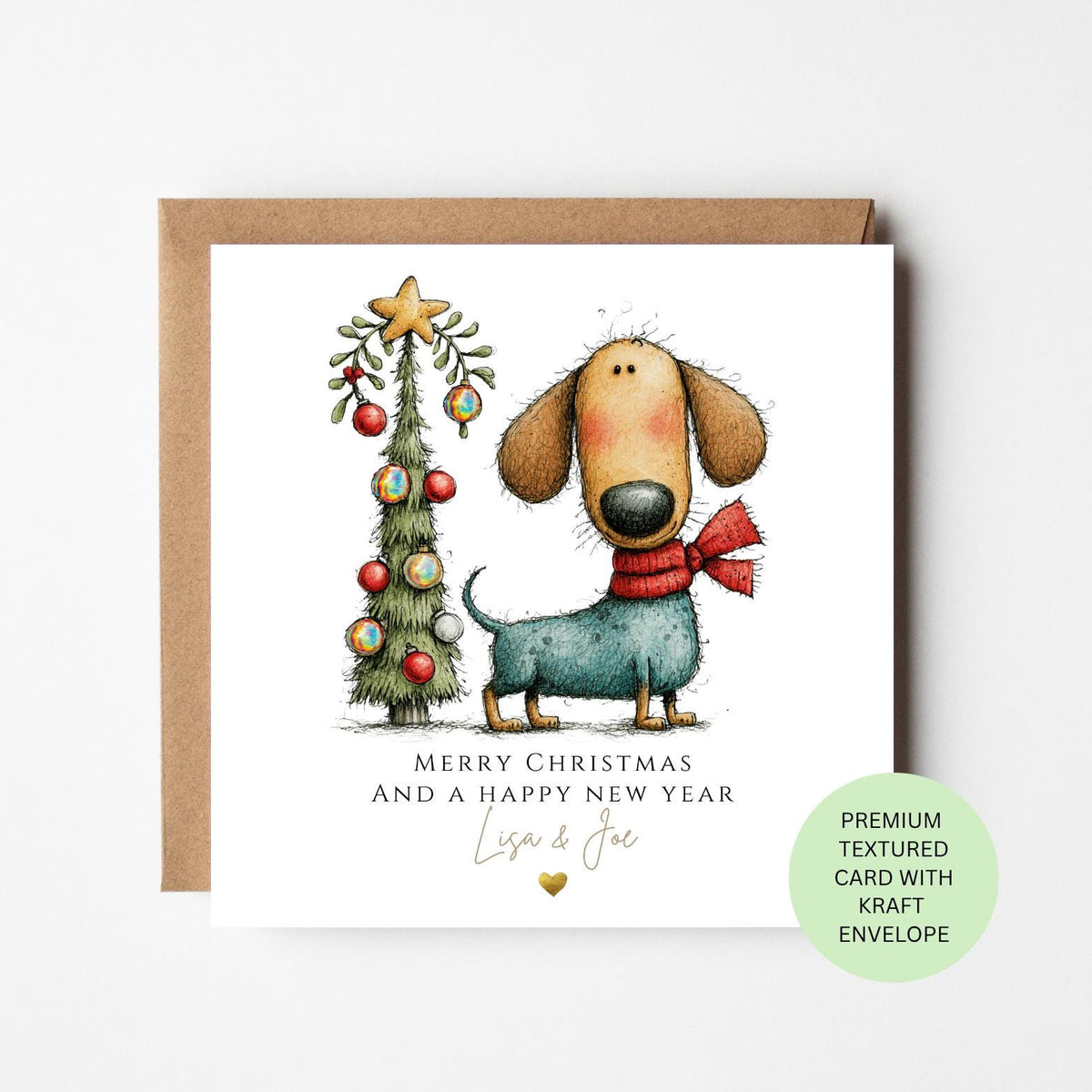 Personalised Dachshund Beside a Christmas Tree Card
