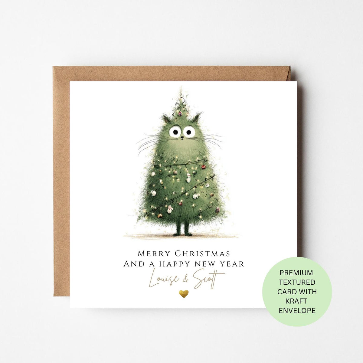 Personalised Dark Green Cat Dressed as a Christmas Tree Card