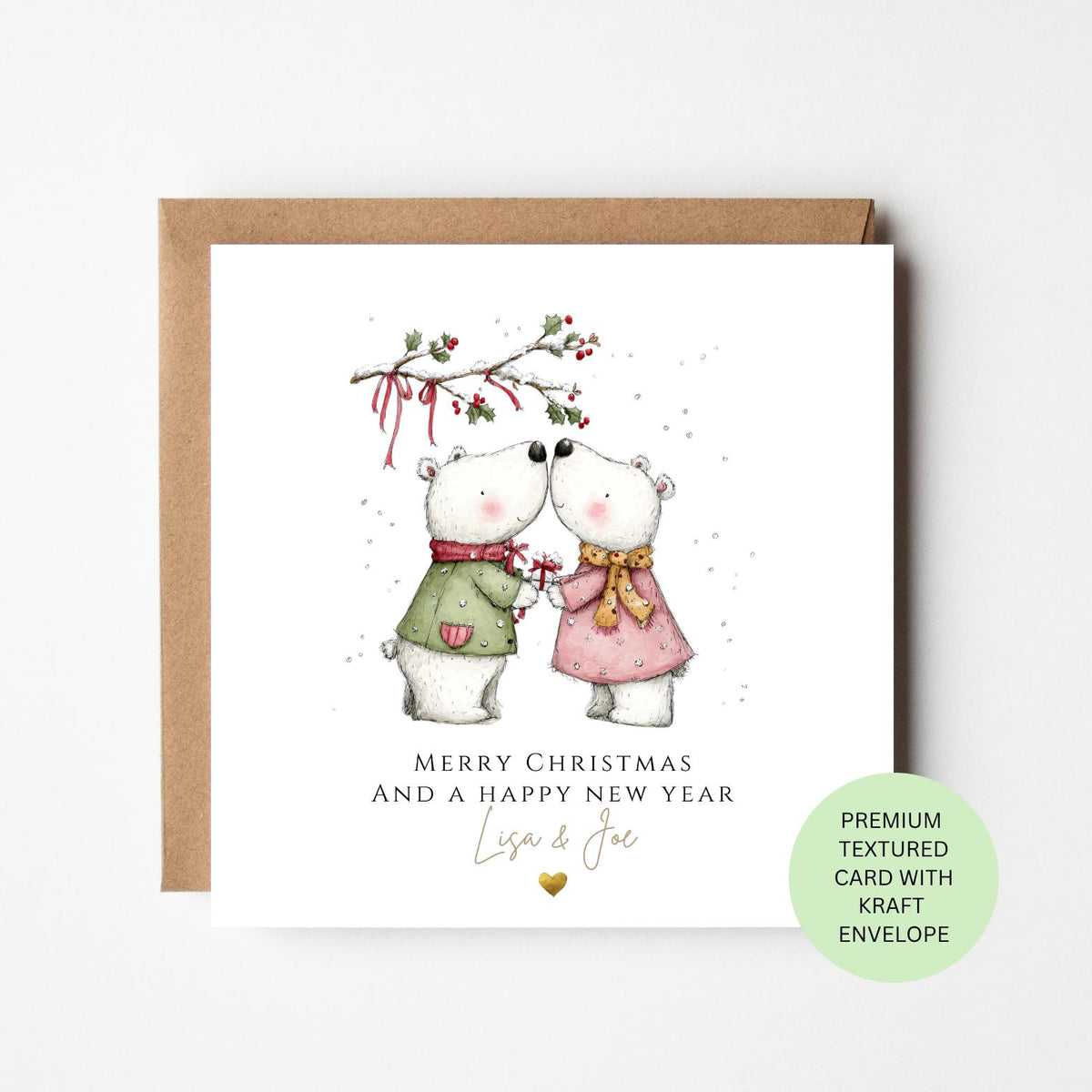 Personalised Two Polar Bears Kissing Under Mistletoe Christmas Card