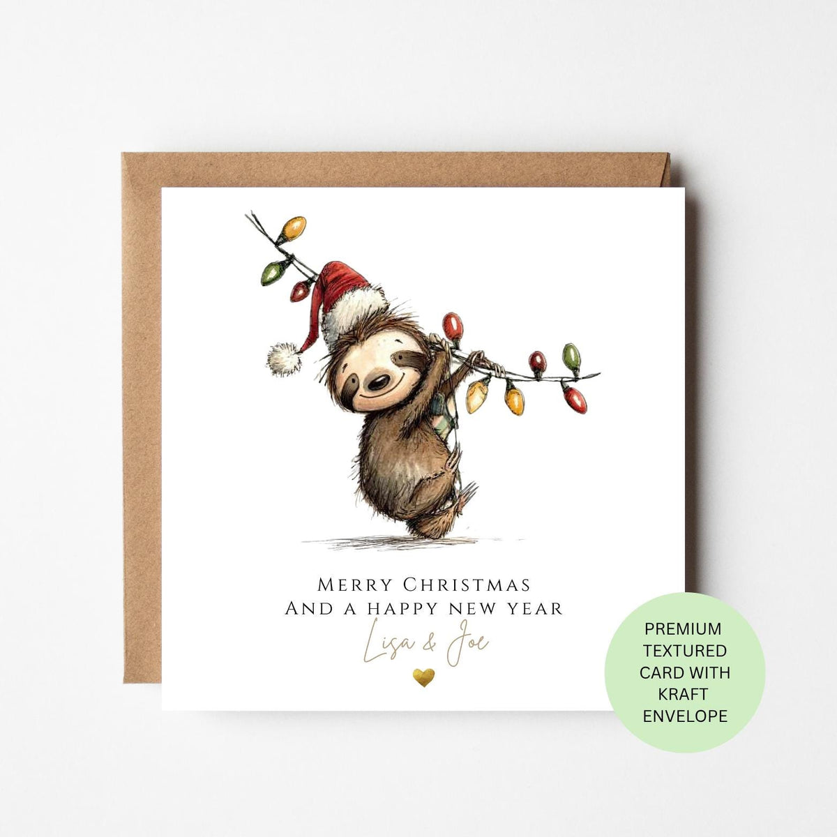 Personalised Sloth Tangled in Christmas Lights Card