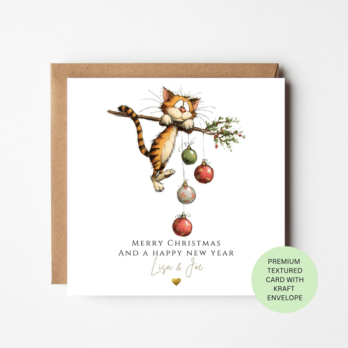 Personalised Ginger Cat Climbing a Christmas Branch Card
