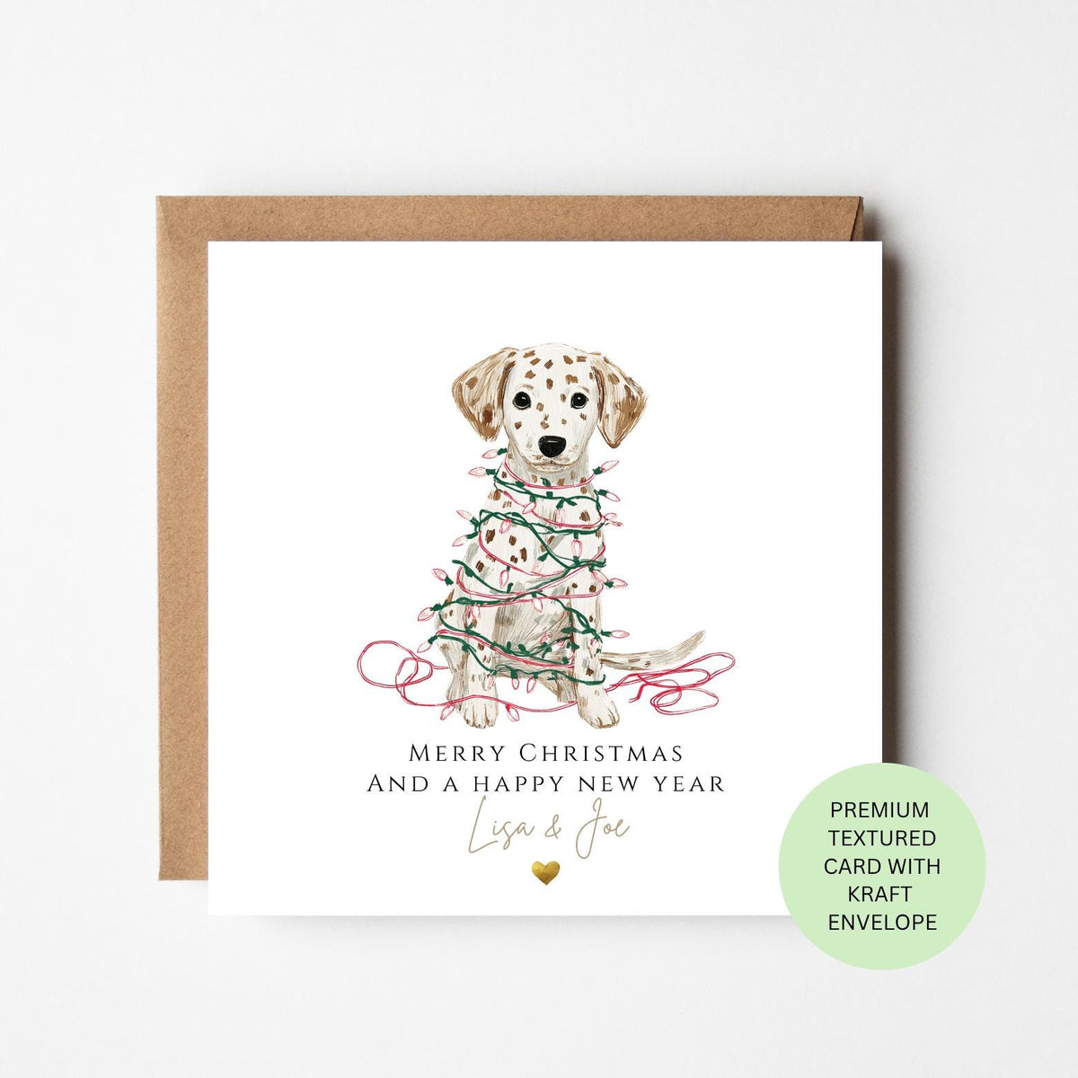 Personalised Dalmatian Tangled in Christmas Lights Card