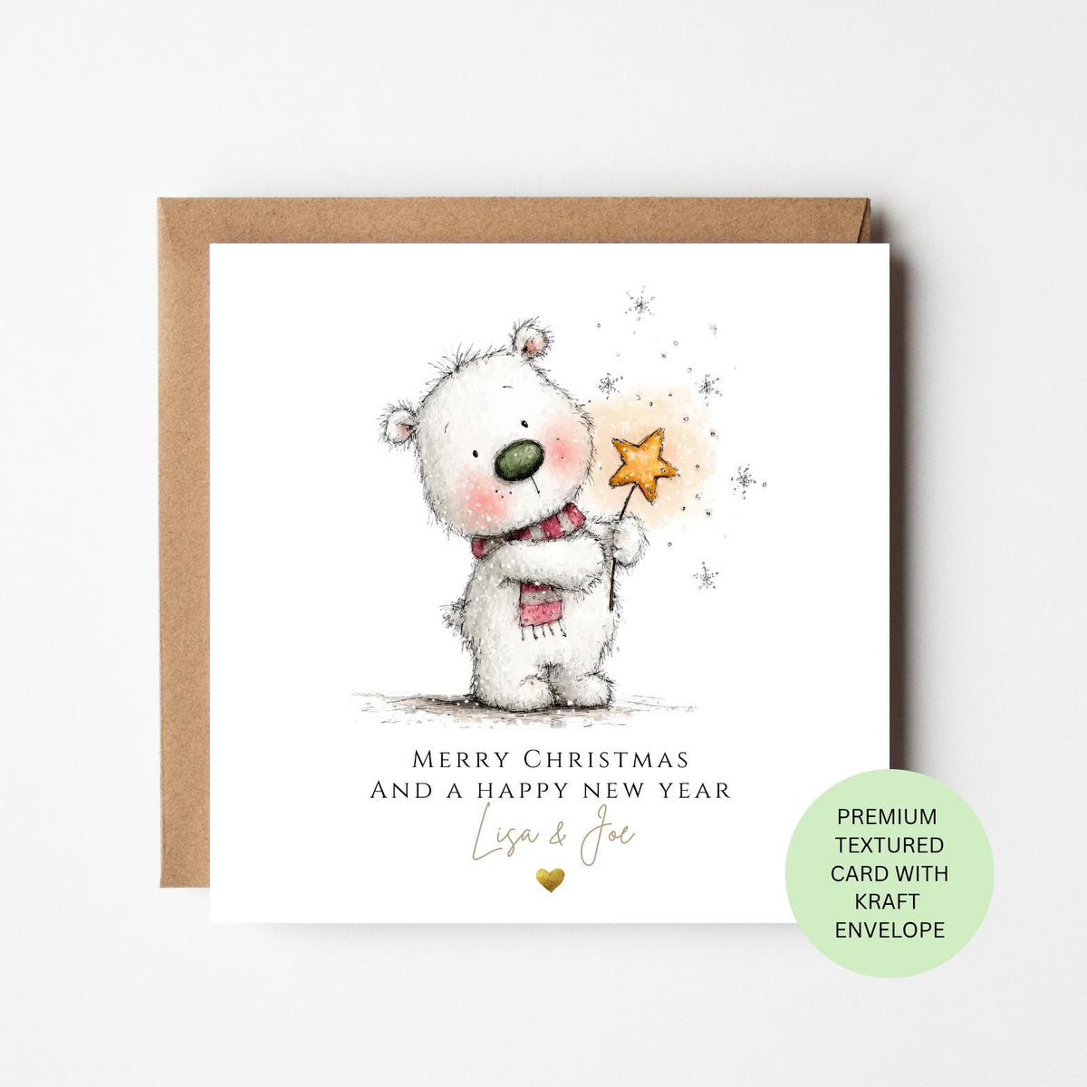 Personalised Polar Bear Holding a Golden Star Christmas Card