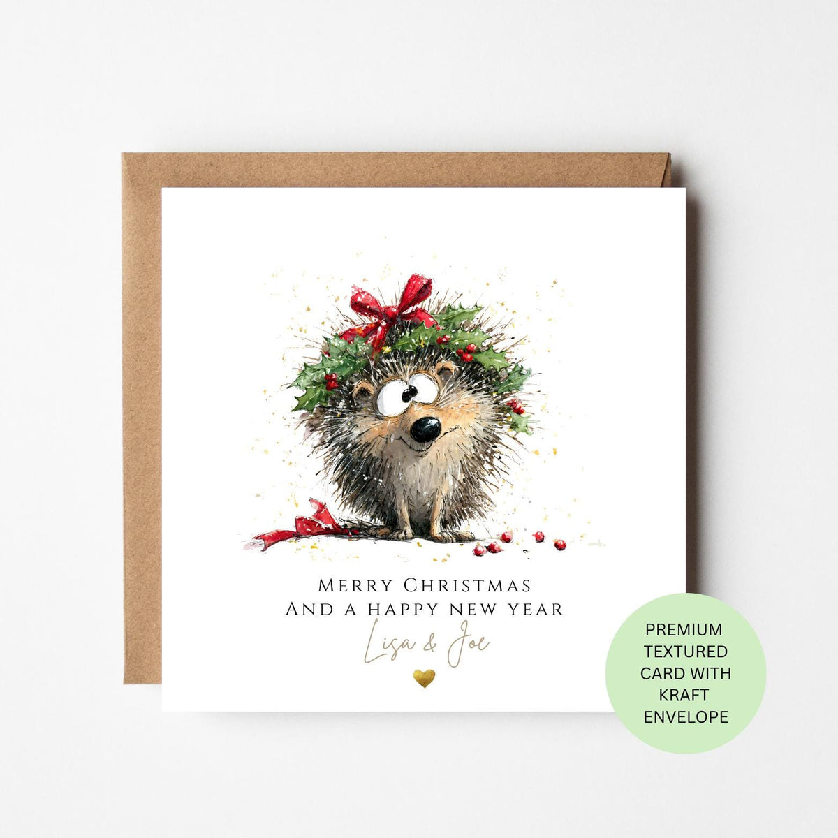 Personalised Hedgehog in a Christmas Wreath Card