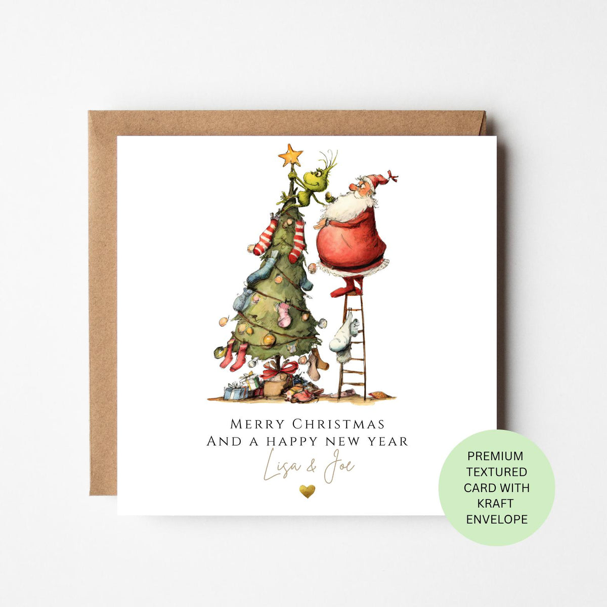 Personalised Green Grouch and Santa Decorating a Tree Christmas Card