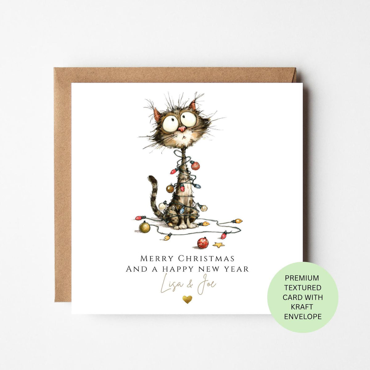 Personalised Black Cat Tangled in Christmas Lights Card