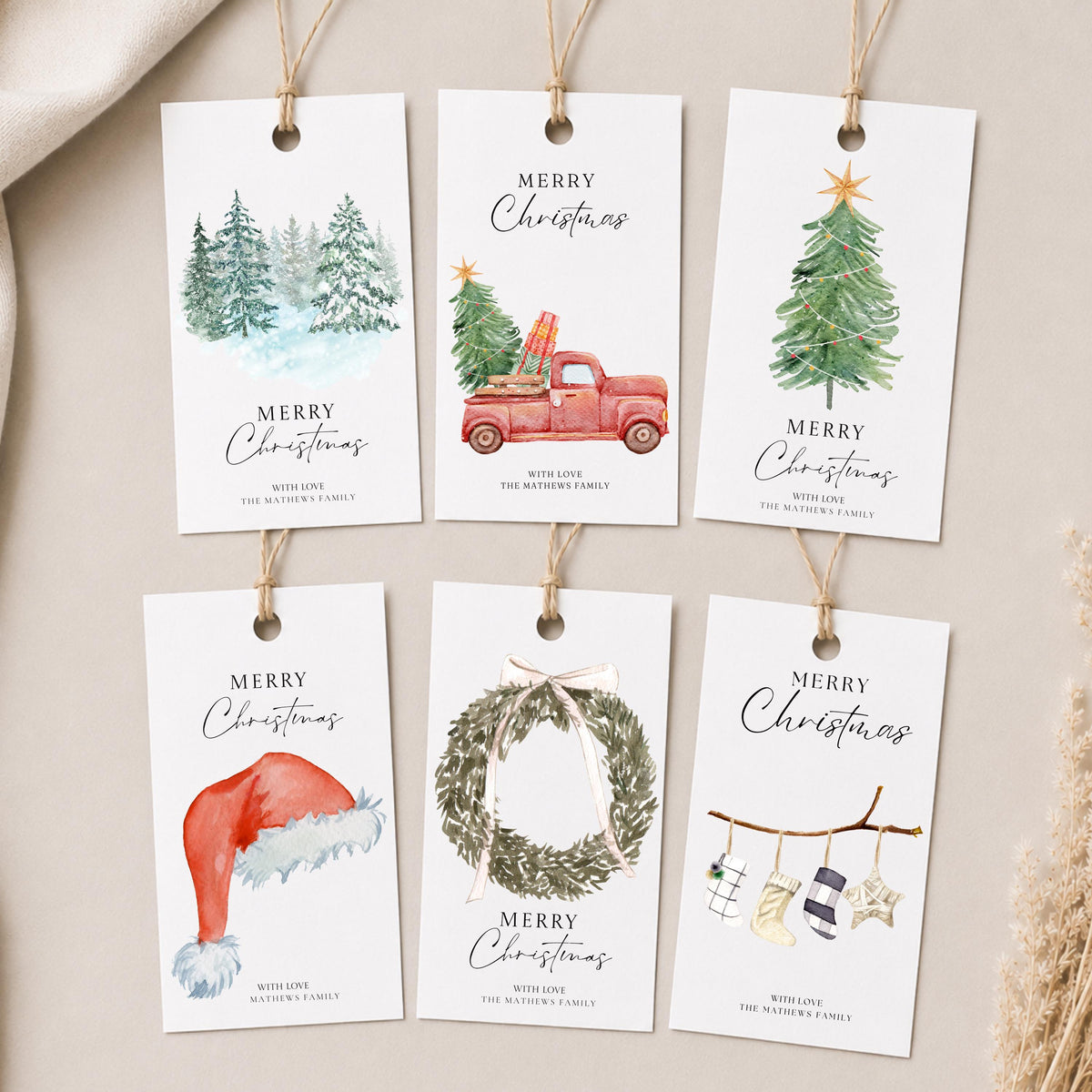 Personalised Christmas Gift Tags, Rustic Family Xmas Labels (Pack of 6)
